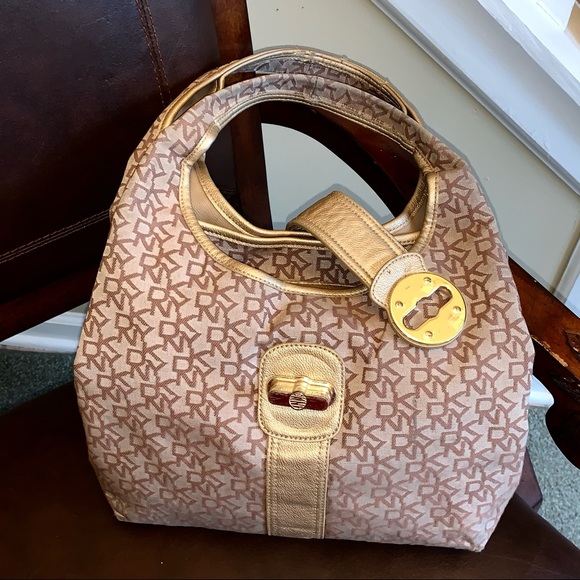 DONNA KARAN NEW YORK Satchel Chino Logo Gold Bag - Picture 2 of 13